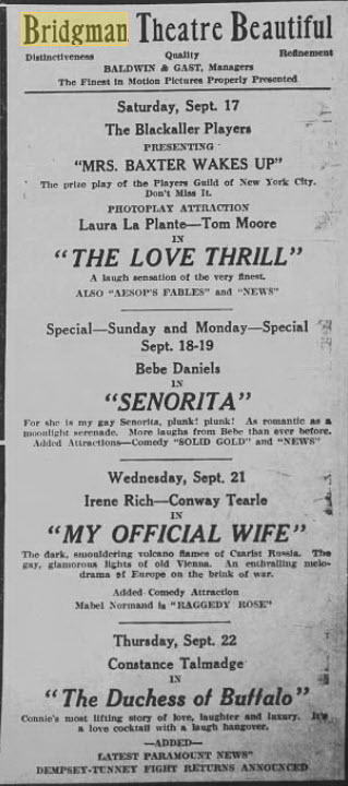 Bridgman Theatre - Sept 17 1927 Article (newer photo)